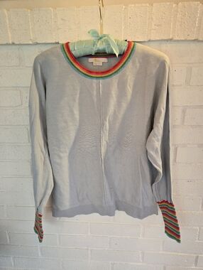 Boden• Pale Blue Crewneck Sweater with Rainbow Trim. Sz 8